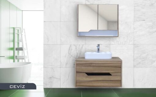 Ceviz Banyo Dolabı Takım Lavabo ve Ayna Dahil